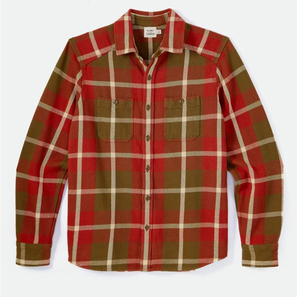 FLINT AND TINDER Crossback Workshirt in Green Red Plaid - LARGE